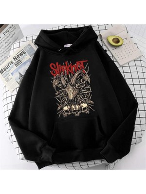 Touz Moda Slipknot Goat Skulls Baskılı Siyah Unisex Oversize Kapüşonlu Sweatshirt