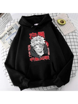 Touz Moda Jujutsu Kaisen Poster Baskılı Siyah Unisex Oversize Kapüşonlu Sweatshirt