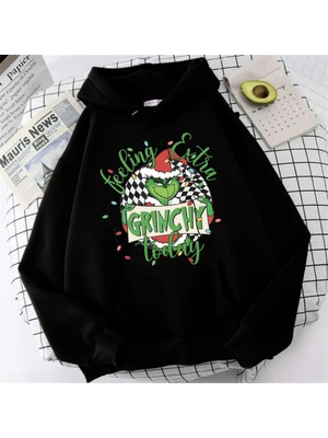 Touz Moda New Christmas Baskılı Siyah Unisex Oversize Kapüşonlu Sweatshirt
