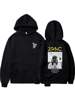 Touz Moda Eyl 2pac Baskılı Siyah Unisex Oversize Kapüşonlu Sweatshirt