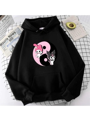 Touz Moda Küt Küt Kuromi & Melody Siyah Kapüşonlu Sweatshirt