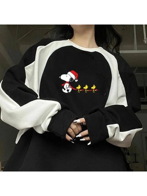 Touz Moda Streetwear New Year Snoopy Baskılı Siyah Unisex Oversize Bisiklet Yaka Sweatshirt