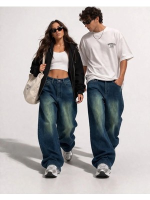 St.poll Eskitme Vintage Yeşil Yıkama Unisex Baggy Jeans Pantolon