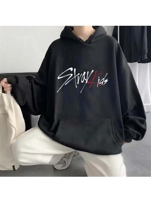 Touz Moda Stray Kids Siyah Kapüşonlu Oversize Sweatshirt Hoodie