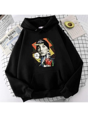 Touz Moda Ready For Action Baskılı Siyah Unisex Oversize Kapüşonlu Sweatshirt