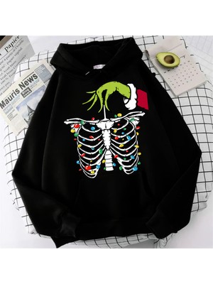 Touz Moda Christmas Gothic Baskılı Siyah Unisex Oversize Kapüşonlu Sweatshirt