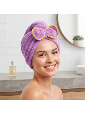 jantistore Prenses Peluş Mikrofiber Saç Kurulama Havlusu Çizgi Fiyonklu, Pratik Saç Bonesi - Duş, Makyaj ve Bakım Saç Wrap