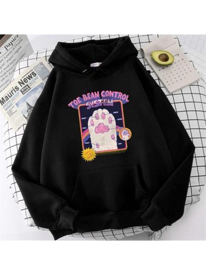 Touz Moda Lagom Moda Toe Bean Control System Baskılı Siyah Unisex Oversize Kapüşonlu Sweatshirt