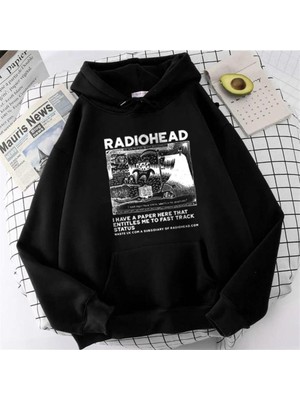 Touz Moda Lagom Moda Radiohead Baskılı Siyah Unisex Oversize Kapüşonlu Sweatshirt