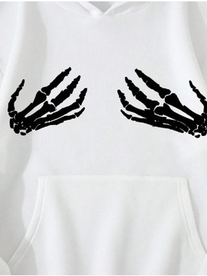 Touz Moda Unisex Skeleton Hand Baskılı Kapşonlu Beyaz Sweatshirt