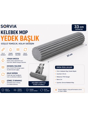Sorvia Kelebek Mop Yedek Başlığı 33 cm Pva Sünger Mop Yedeği Kendinden Sıkmalı Yer Silme Mopu Sünger Başlık Kıl Tüy Toz Temizlik Aparatı