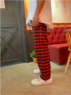 Touz Moda Y2K Unisex Beli Lastikli Kargo Kırmızı Siyah Ekose Pantolon