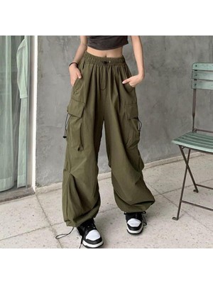 Touz Moda Yeşil Tactical Paraşüt Kumaş Kargo Cepli Oversize Unisex Pantolon