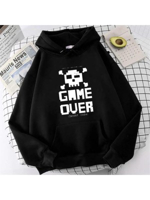 Touz Moda Game Over Baskılı Siyah Unisex Oversize Kapüşonlu Sweatshirt