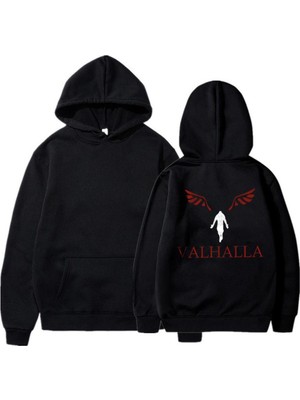 Touz Moda Y2K Valhalla Sırt Baskılı Siyah Unisex Oversize Kapüşonlu Sweatshirt
