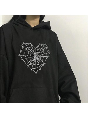 Touz Moda Heart Web Baskılı Siyah Unisex Oversize Kapüşonlu Sweatshirt
