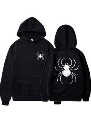 Touz Moda Dangerous Spider Ön-Arka Baskılı Siyah Unisex Oversize Kapüşonlu Sweatshirt