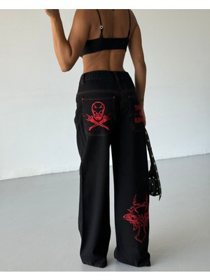 Touz Moda Siyah Nakışlı Retro Gothpunk Rock Bol Paça Pantolon