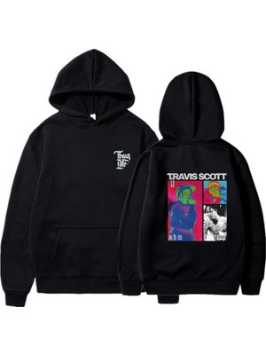 Touz Moda Lagom Moda Travis Scott Baskılı Siyah Unisex Oversize Kapüşonlu Sweatshirt
