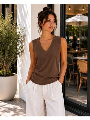 Hayalet Kadın V Yaka Kolsuz T-Shirt Ultra Soft Basic Bluz
