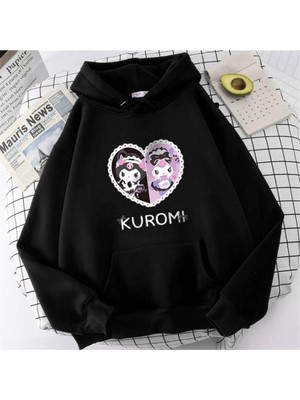 Touz Moda Heart Kuromi Baskılı Siyah Kapüşonlu Sweatshirt