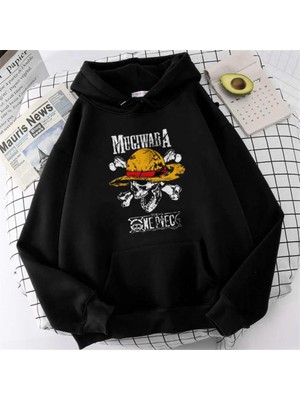 Touz Moda Küt Küt One Piece Mugiwara Baskılı Siyah Unisex Oversize Kapüşonlu Sweatshirt