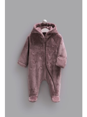 Caramell %100 Pamuklu Kız Bebek Tulumu Kapüşonlu, Kendinden Eldivenli ve Patikli Peluş Bebek Tulumu