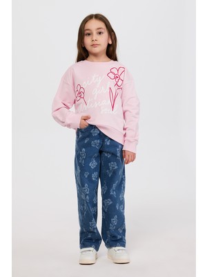 Panço Kız Çocuk Çiçek Desenli Indigo Kot Pantolon
