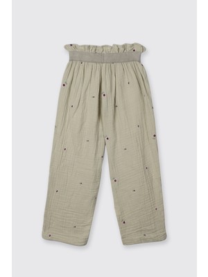Panço Kız Çocuk Çiçek Desenli Müslin Yeşil Pantolon