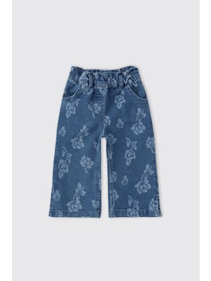 Panço Kız Bebek Çiçek Desenli Indigo Kot Pantolon