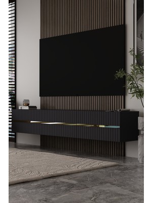 Dekortis Home Dekor 180DHDTDA5AA Tedy Duvara Monte Pleksi Lazer Desen Tv Sehpasın Antrasit-Altın