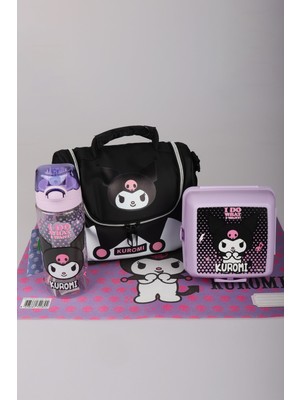x Dekomus Lisanslı Kuromi Dark Delight Collection Beslenme Çantası,beslenme Kabı,matara ve Beslenme Örtüsü Seti