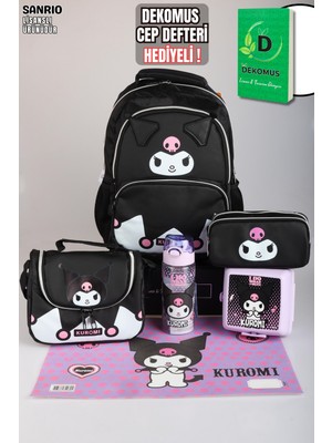 x Dekomus Lisanslı Kuromi Dark Delight Collection Okul ve Kalem Çantası,beslenme Kabı,matara ve Beslenme Örtüsü Seti