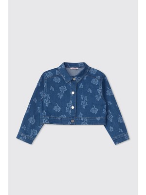 Panço Kız Çocuk Çiçek Desenli Indigo Kot Ceket