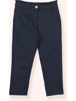 Panço Kız Çocuk Beli Lastikli Arka Cebi Nakış Detaylı Lacivert Pantolon