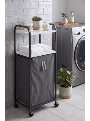 Dehalimited 2 Raflı Frenli Tekerlekli Çamaşır Sepeti Banyo Dolabı Kirli Sepetli Banyo Düzenleyici Çamaşırlık