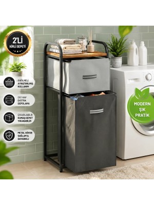 Dehalimited DH11 Raflı Çamaşır Sepeti Banyo Dolabı Kirli Sepetli Banyo Düzenleyici Çamaşırlık