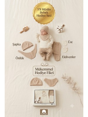 Monox Organik Müslin Pamuk Bebek Hastane Çıkışı 5\'li Set (0-3 Ay)