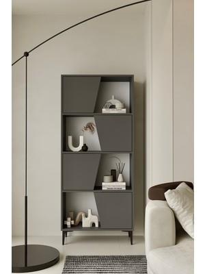 Furnitt Home Roma Gri Kitaplık 175 cm - Vitrin - Gümüşlük (100% Mdf) Metal Ayak