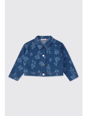 Panço Kız Bebek Çiçek Desenli Indigo Kot Ceket
