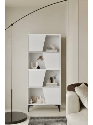 Furnitt Home Roma Beyaz Kitaplık 175 cm - Vitrin - Gümüşlük (100% Mdf) Metal Ayak