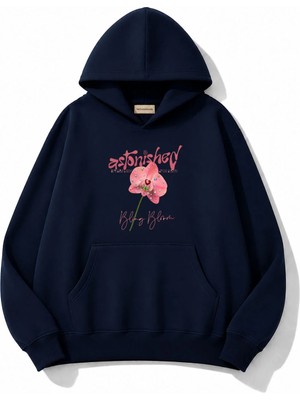 herkesemoda Pembe Çiçek Baskılı Kapüşonlu 2 Iplik Şardonlu Sweatshirt