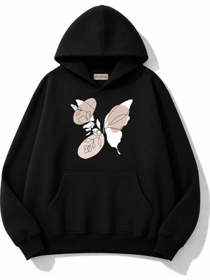 herkesemoda Kelebek Baskılı Kapüşonlu 2 Iplik Şardonlu Sweatshirt