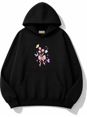 herkesemoda Lale Çiçek Baskılı Kapüşonlu 2 Iplik Şardonlu Sweatshirt