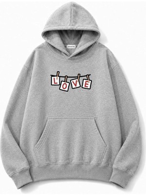 herkesemoda Love Baskılı Kapüşonlu 2 Iplik Şardonlu Sweatshirt