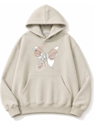 herkesemoda Kelebek Baskılı Kapüşonlu 2 Iplik Şardonlu Sweatshirt