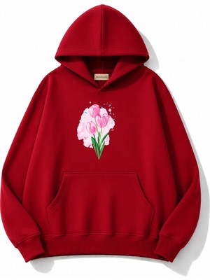 herkesemoda Lale Baskılı Kapüşonlu 2 Iplik Şardonlu Sweatshirt