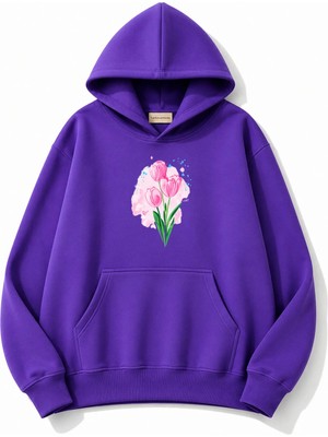 herkesemoda Lale Baskılı Kapüşonlu 2 Iplik Şardonlu Sweatshirt
