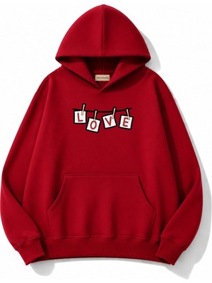 herkesemoda Love Baskılı Kapüşonlu 2 Iplik Şardonlu Sweatshirt