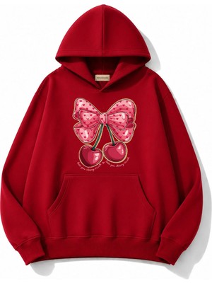 herkesemoda Kurdele Kiraz Baskılı Kapüşonlu 2 Iplik Şardonlu Sweatshirt